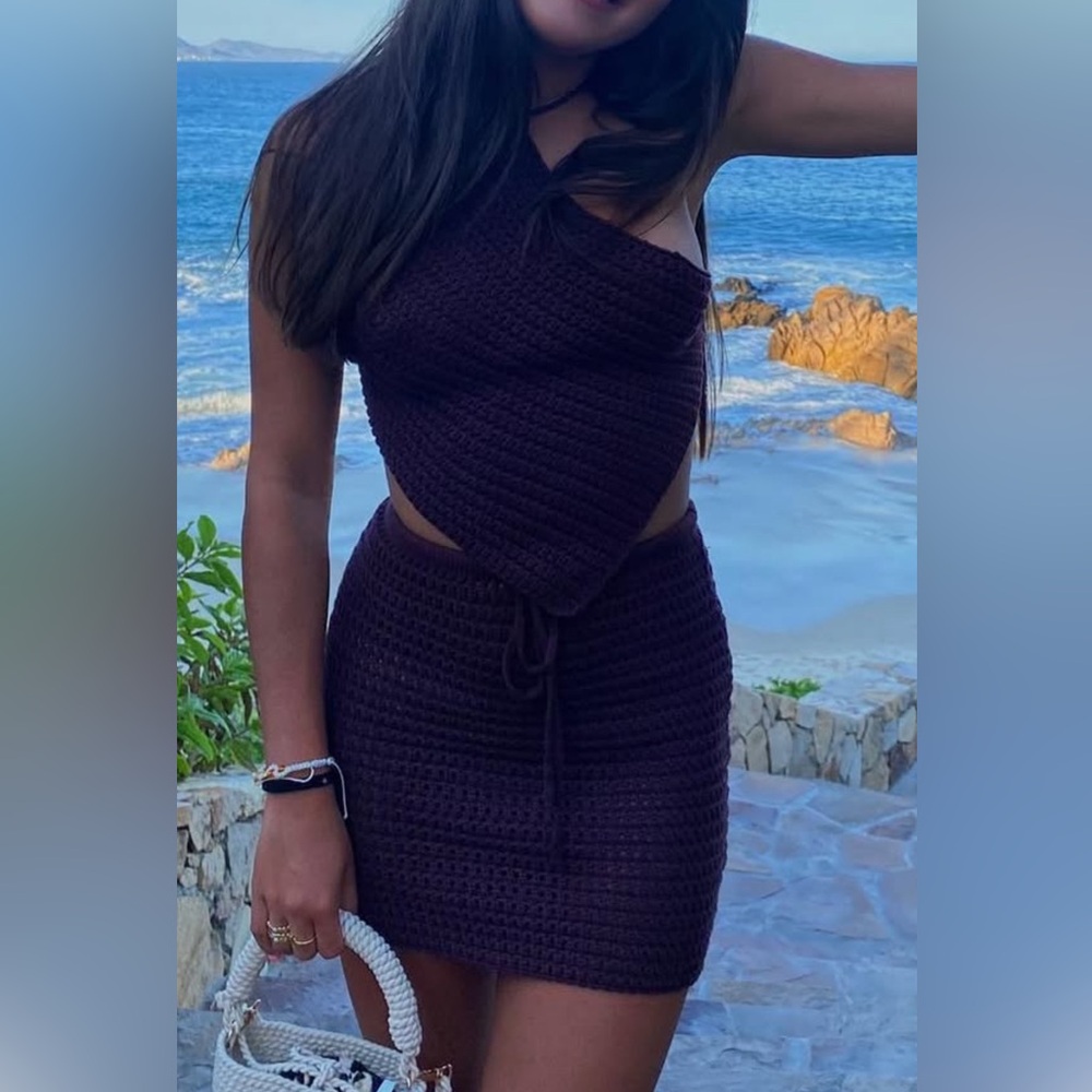 Brown Crochet Halter Top and Skirt Set